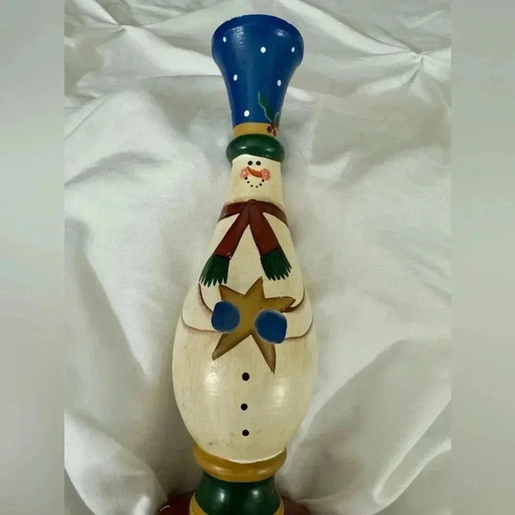 VTG 90’s Candlestick Christmas Snowman Cottagecore Country Wooden Hand Painted - Picture 2 of 11